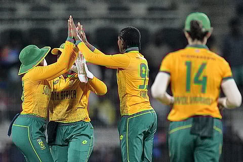 Ayabonga Khaka celebrates Shafali Verma's wicket